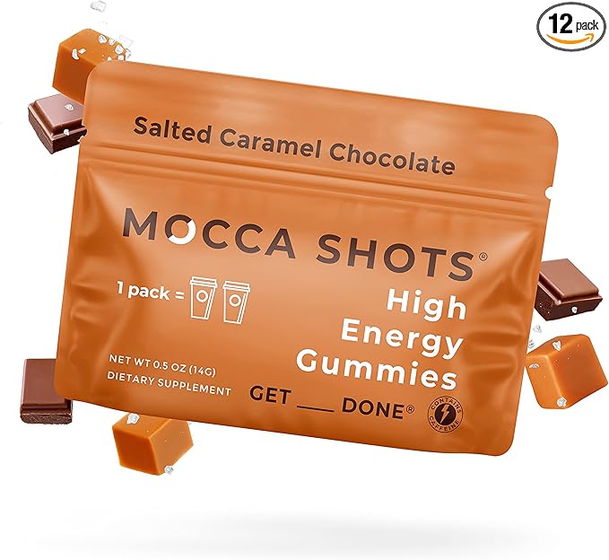 SGC Highest Concentration 100mg Caffeine per Gummy, 2 Gummies per Pack, 12-Pack Mocca Shots Salted Caramel Plant-Based nootropic Instant Energy with Ginkgo biloba, Theobromine.