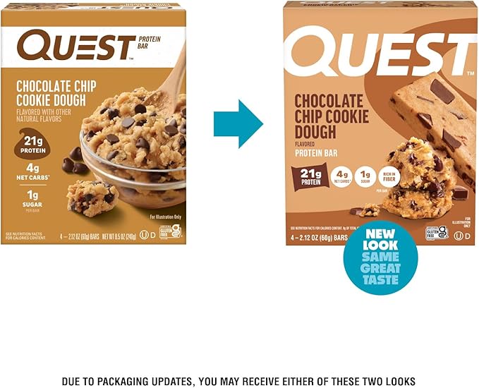 Quest Nutrition Chocolate Chip Cookie Dough - High Protein, Low Carb, Gluten Free, Keto Friendly, 2.12 Oz, 20 Count (4 Packs of 5)