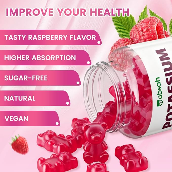 Potassium Citrate Gummies 1200mg, Sugar-Free Potassium Supplement for Adults Women & Men, Supports Leg Cramps & Muscle & Heart Health, Vegan, Gluten Free - Raspberry Flavor (120 Count)