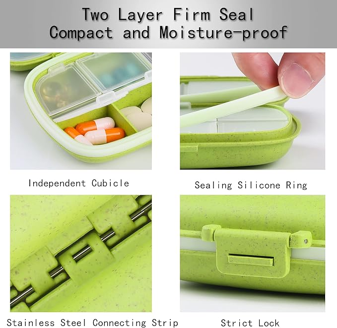 4 Pack Travel Pill Organizer, 8 Compartments Small Pill Box, Portable Daily Pill Case for Medicine, Vitamin, Supplement Storage, Compact Pill Container for Pocket, Purse, Travel, Office, Home Use