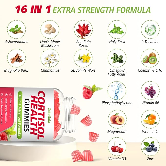 Cortisol Gummies for Women, 16-in-1 Sugar Free Cortisol Supplements for Women with Ashwagandha, Rhodiola Rosea, Magnesium, L-theanine for Relaxation, Zzz, Cognition, Raspberry Flavor, 120Ct