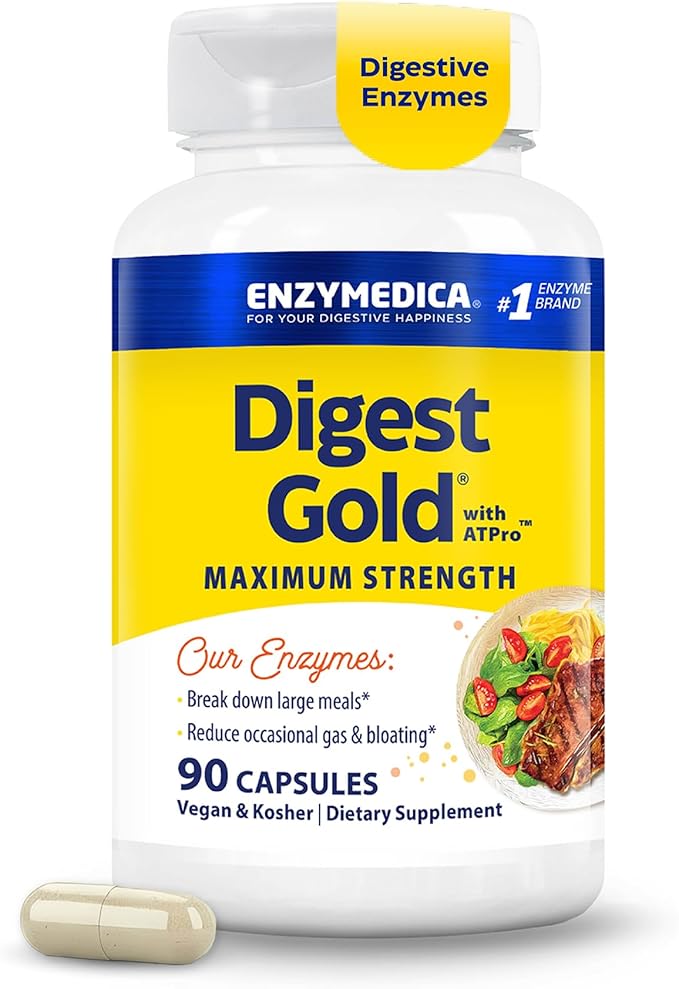 Enzymedica Digest Gold + ATPro, Maximum Strength Enzyme Formula, Fast-Acting, Helps Digest Large Meals, Prevents Bloating and Gas, 90 Capsules