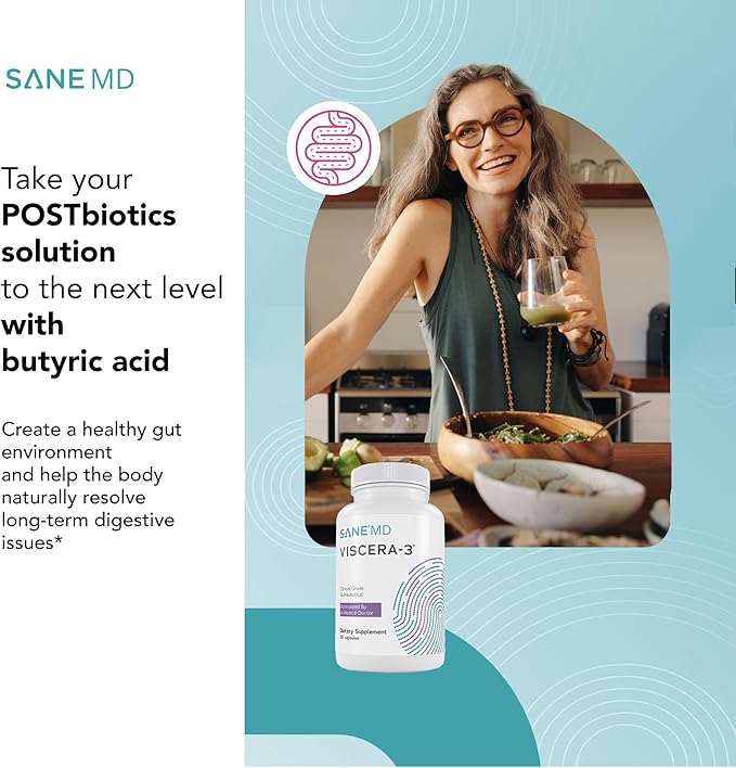 SANE MD - Viscera 3 Postbiotics with Tributyrin - Sodium Butyrate Supplement for Gas and Bloating Relief - Gut Health - IBS & Leaky Gut Butyric Acid Supplement - NSF Certified - 30 Capsules