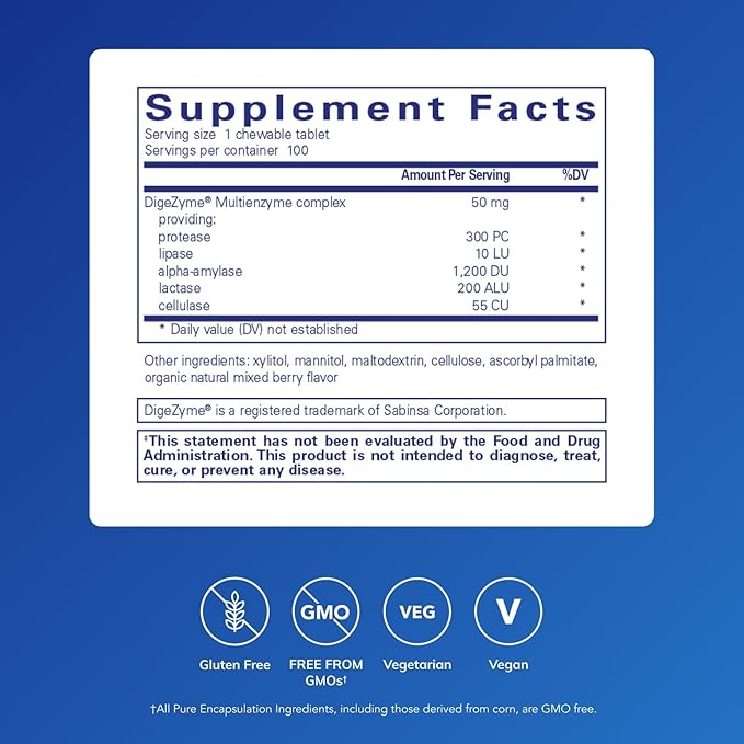 Pure Encapsulations Digestive Enzyme Chewables | Chewable Enzyme Blend to Support Protein, Carbohydrate, Fiber, and Dairy Digestion | 100 Chewable Tablets