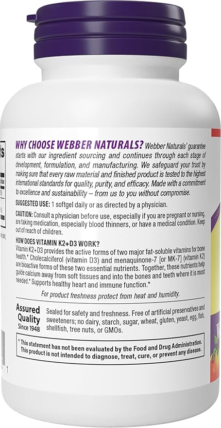 Webber Naturals Super Vitamin K2 MK-7 120 mcg with Vitamin D3, 90 Softgels, Supports Bones, Teeth, and Cardiovascular System