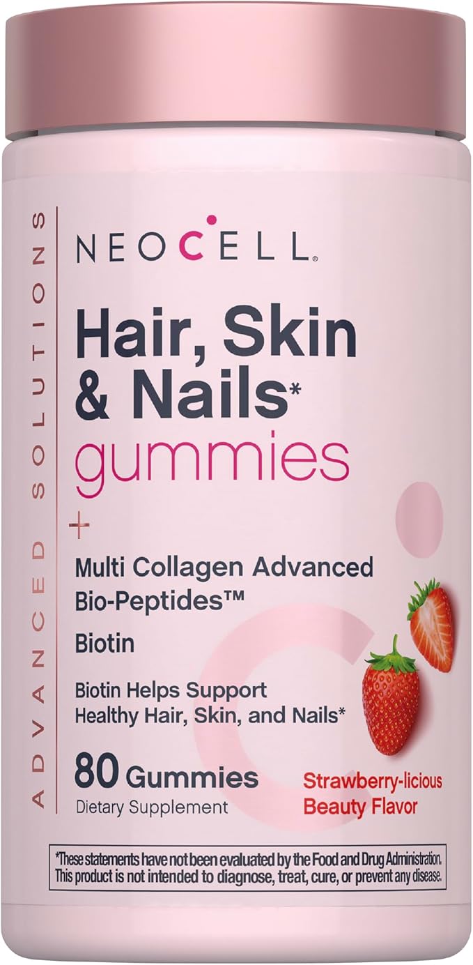 NeoCell Hair Skin and Nails Gummies | 80 Count | with Multi Collagen Advanced Bio-Peptides | Plus Vitamin C and Biotin | for Women and Men