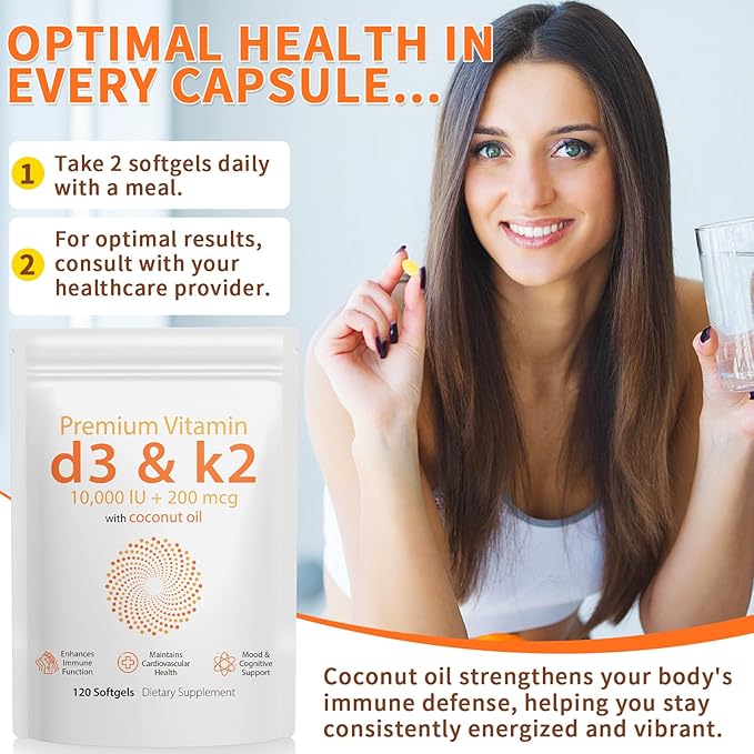 D3 K2 Vitamin 10000 IU - 240 Virgin Coconut Oil Softgels, 2 in 1 Vitamin D & K Complex Supplement Softgel - Immune Support and Calcium Absorption, Bone and Heart Health (240 Count (Pack of 2))
