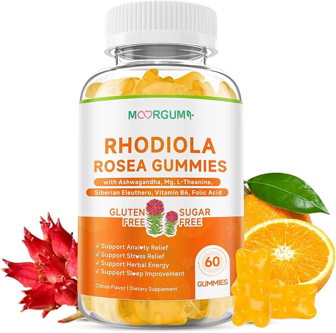Rhodiola Rosea Gummies for Adults & Kids-Adaptogenic Herb-Daily Wellness, Emotions, Slumber Support, with Ashwagandha, Magnesium Glycinate, Siberian Eleuthero Supplements for Women & Men, 60 Count