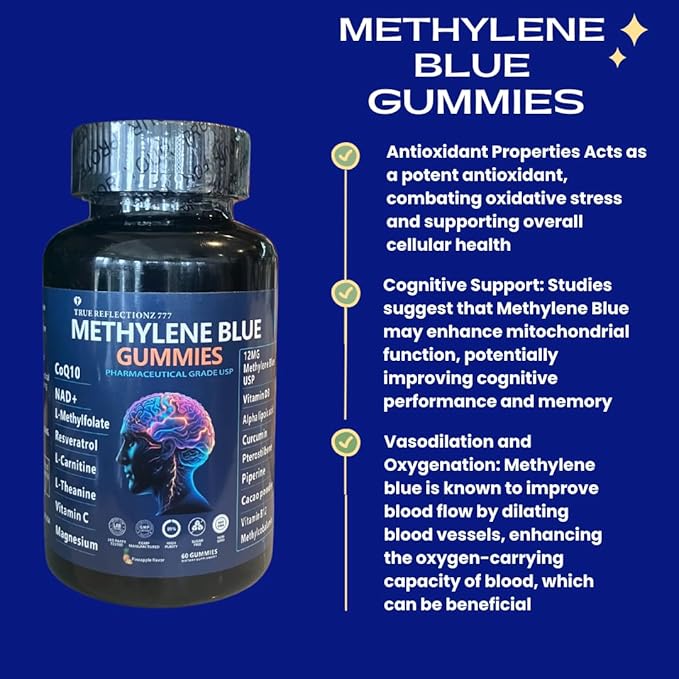 Methylene Blue Gummies 12mg Made in USA Cognitive Support w/Added Vitamin C, NAD,L Methylfolate, Methylcobalamin b12, Mitochondrial Support, Brain Health & Focus, Clarity, methylated Vitamins
