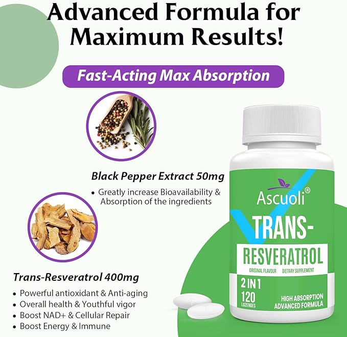 Sublingual Trans-Resveratrol Purity 99%, 3-in-1 Advanced Formula Resveratrol Supplement for Boost NAD+, Immune & Energy Support, Anti-Aging, Skin & Overall Health, 120 Lozenge (120-Day Supply)