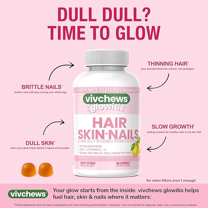 Glowitis Hair, Skin & Nails Gummies for Thick Hair, Strong Nails & Healthy Skin with Hydrolyzed Multi-Collagen Peptides, Biotin, Zinc, Vitamins C & E, Gluten-Free, Zesty Citrus Flavor, 60 Ct