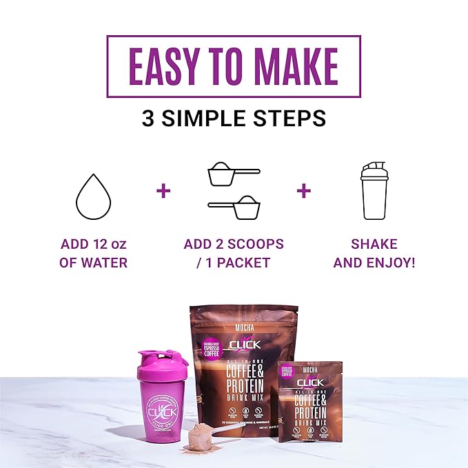 Click Coffee Protein, Protein & Real Coffee All-in-One, Meal Replacement Nutrition Drink, Mocha Flavor, 23 Essential Vitamins, Double Shot Espresso Coffee, Hot or Cold, 15.8-Ounce