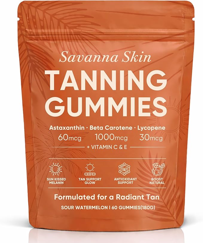 Savanna Skin Tanning Gummies, with Astaxanthin, Beta-Carotene, Lycopene & Vitamins, Radiant Healthy Skin, Vitality Support & Hydration, Vegan, Sugar-Free, Sour Watermelon Flavor, 60 Count (1)