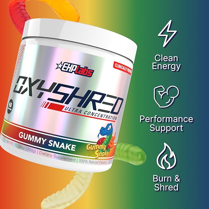 EHP Labs OxyShred Pre Workout Powder - Preworkout Powder with L Glutamine & Acetyl L Carnitine, Energy Boost Drink - Gummy Snake, 60 Servings