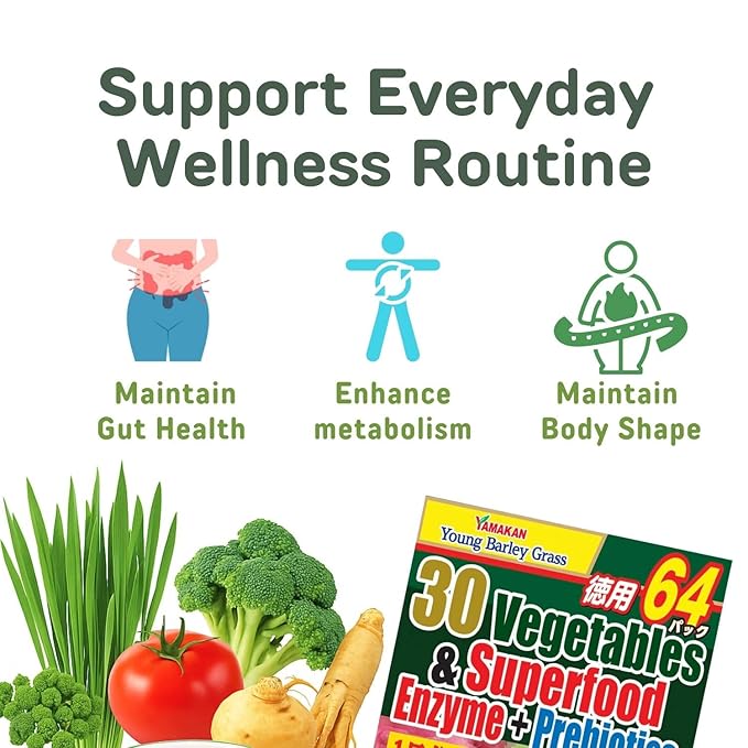 Yamamoto Kanpoh YAMAKAN Greens Superfood Powder with prebiotic Fiber & Enzymes for Digestion, 30 Veggies & Young Barley Grass Juice Blend from Japan, Gut Health for Women & Men, 64 Count