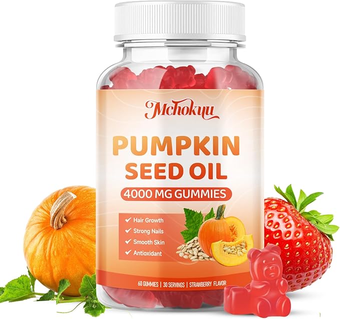 Pumpkin Seed Oil Supplement Gummies with Saw Palmetto for Hair Growth & Skin Health Support, High Pure Extract for Women & Men Extra Strength Pumpkin Seed, Strawberry Flavor, 60 Count