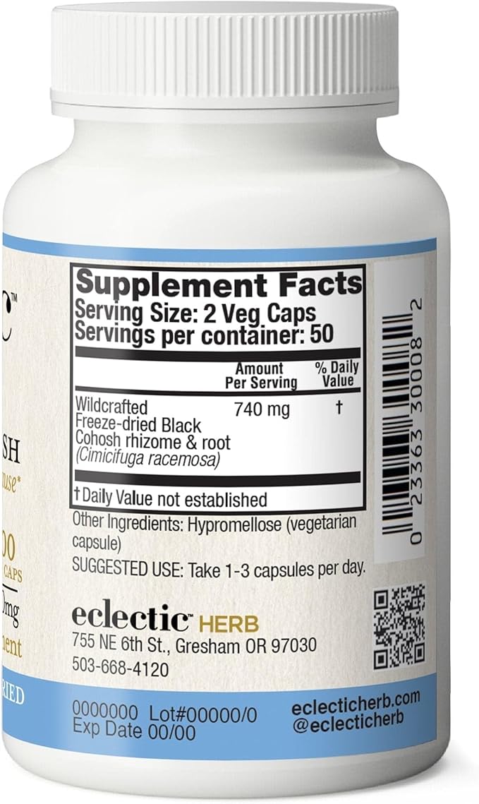 Eclectic Herb - Black Cohosh Root Capsules | Menopause Support Herbal Supplement | Supports Women's Health | US-Grown, Vegan, Non-GMO, Gluten Free (100 CT | 400 mg)