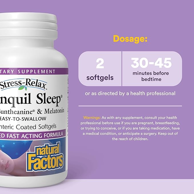 Stress-Relax Tranquil Sleep by Natural Factors, Sleep Aid with Suntheanine L-Theanine, 5-HTP, Melatonin, 90 Softgels
