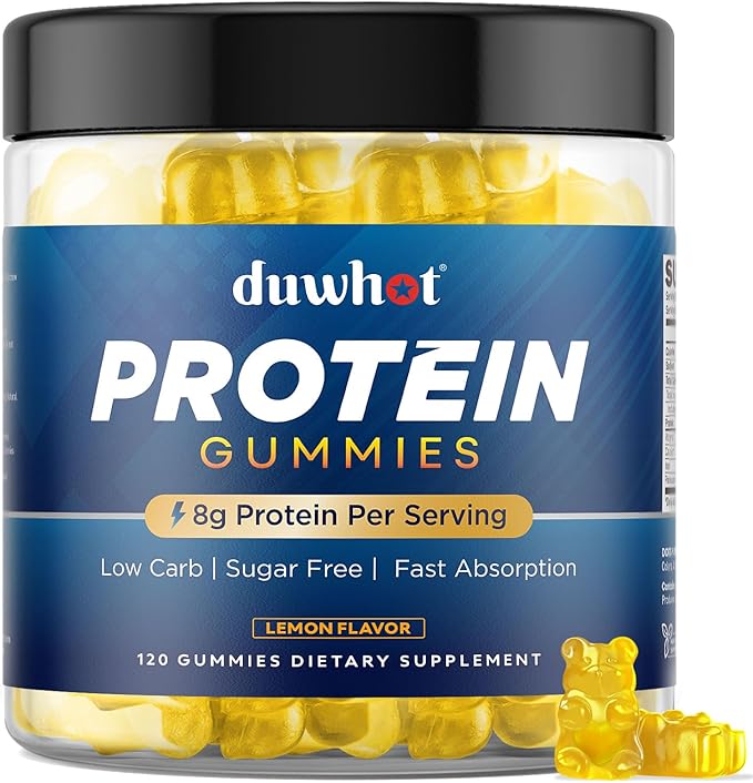 duwhot Whey Protein Gummies Sugar Free, Low Calorie 8g Protein Per Serving, Easy to Take Snacks for Men & Women, Lemon Flavor, 1 Month Supply, 120 Chews
