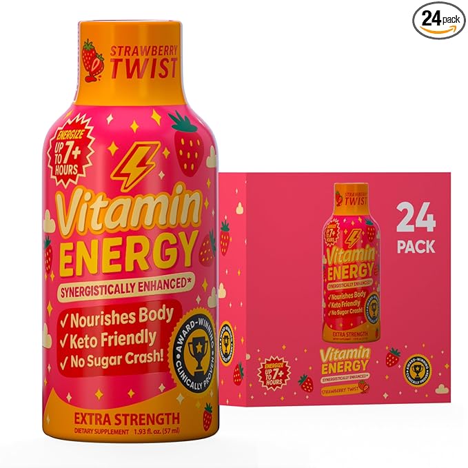 Vitamin Energy Immune+ Extra Strength Energy Shot Strawberry Twist 24 Pack, 260mg Natural Caffeine, B-Vitamins, Citicoline, Green Tea, Immunity & Focus Support, Zero Sugar, Gluten-Free 1.93 fl oz