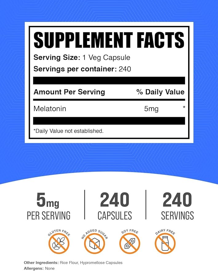 BulkSupplements.com Melatonin 5 mg Capsules - Melatonin for Adults, Sleep Supplement - 5mg Melatonin per Serving, 1 Capsule per Serving, 240 Capsules (Pack of 1)