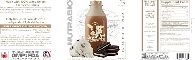 NutraBio Grass Fed Whey Isolate Protein Powder - 25G of Protein per Scoop - Sugar Free Natural Lean Muscle Supplement - Ice Cream Cookie Dream - 2 Pounds, 29 Servings