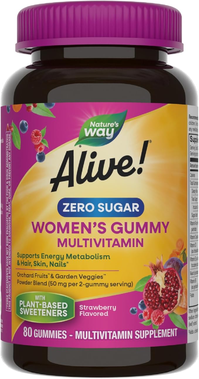 Nature’s Way Alive! Zero Sugar Women's Gummy Multivitamins, Energy Metabolism*, Hair, Skin, Nails*, B-Vitamins, No Sugar Alcohols, Plant-Based Sweeteners, Strawberry Flavored, 80 Gummies