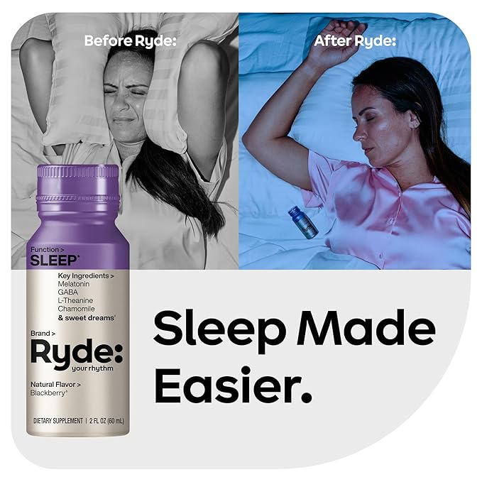 Ryde: SLEEP | 2oz Sleep Shot for Occasional Use | Melatonin, GABA, L-Theanine & Chamomile | Blackberry Natural Flavor | Sugar-Free, Zero Calories, Vegan | Manufactured in USA (8 Pack)