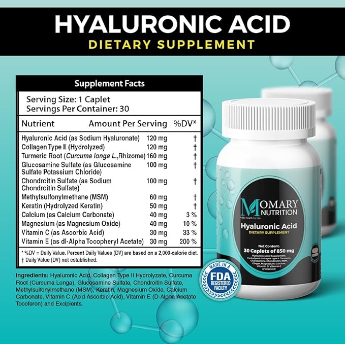 Hyaluronic Acid Supplement, Natural Skin Hydration, Advanced Joint Support and Mobility Booster, Type II Hydrolyzed Collagen, Turmeric, Glucosamine, Chondroitin, 30Caplets