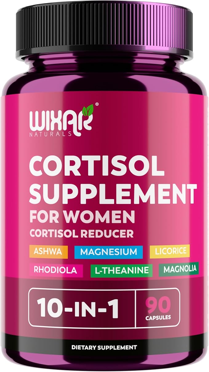 WIXAR Cortisol Supplements for Women with Ashwagandha, Magnesium, L-Theanine, Rhodiola Rosea - for High Cortisol Balanace Manager - for Sleep Support, Mood & Focus Supplement - 90 Capsules
