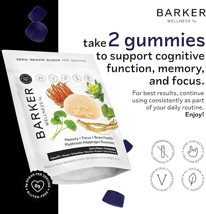 Barker Wellness Mushroom Adaptogen Gummies for Memory & Focus, Brain Health Supplement with Lion's Mane, Cordyceps, Cognizin, Nootropics, Vegan, Sugar-Free Passion Fruit Watermelon Flavor- 60 Count
