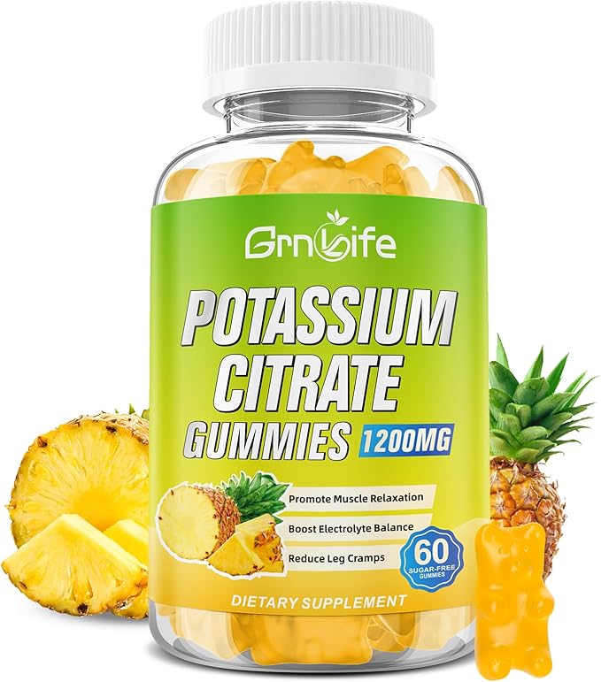 Potassium Citrate Gummies, High Potassium Supplement Gummies 1200mg Support Leg Cramps & Muscle Health, Vegan, Pineapple Flavor 60 Count