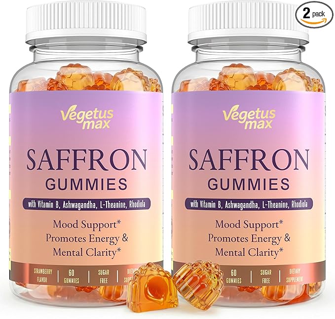2 Pack Saffron Supplements Gummies, 88.5mg Pure Saffron Extract with Ashwagandha L-Theanine Rhodiola Rosemary Magnesium Vitamin B6 B12 for Mood Focus Support Adults Kids