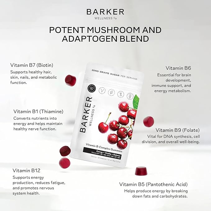 Barker Wellness Vegan B-Complex Gummies – Comprehensive Energy & Metabolism Boost with B1, B5, B6, B7 Biotin, B9 Folate, B12 | Sugar-Free Cherry Flavor for Daily Focus & Vitality