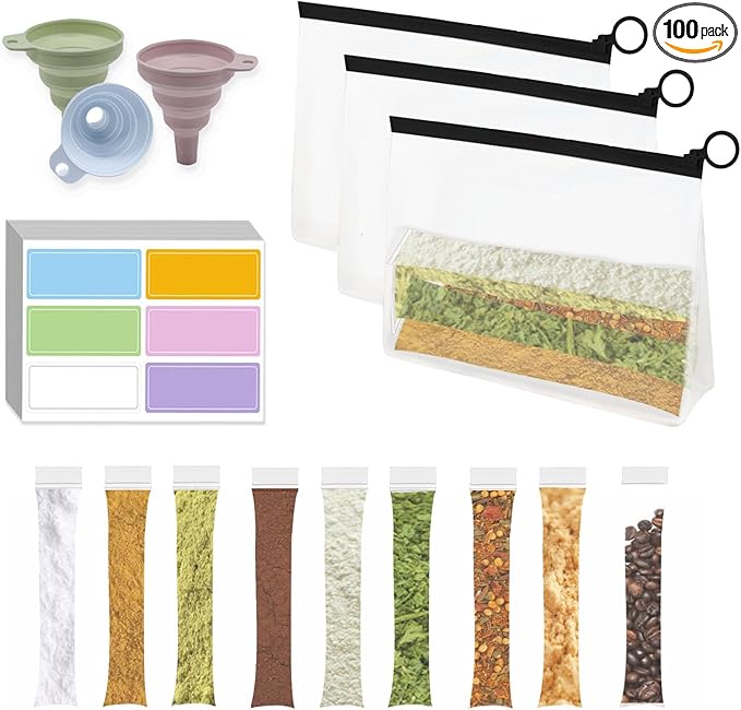 100pcs Protein Powder Container Set, Protein Powder Storage Container To Go, Powder Dispensers with Funnel and Labels for Travel Fitness Workout Trip