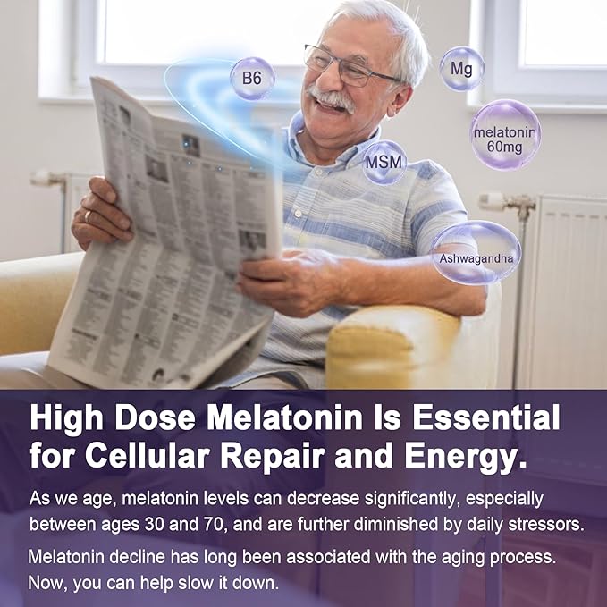 Antioxidant & Brain Support Melatonin 60mg 30mg for 50+ Adults | High Dose Melatonin for Anti-Aging & Immune | Extra Strength Melatonin Gummies with B6, Ashwagandha, Magnesium, MSM - 60 Gummies