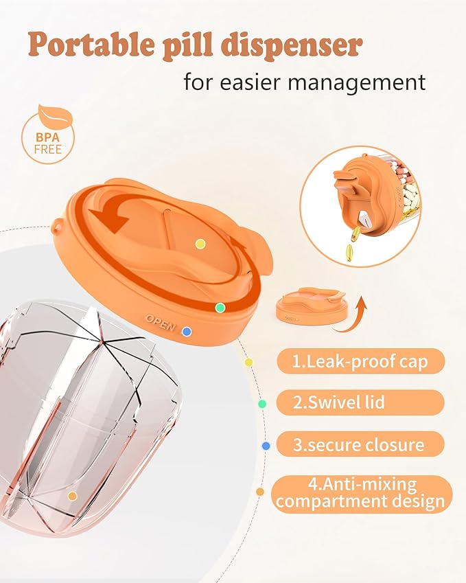 Pill Organizer with 7 Compartments, Pill Box Case for Holding 7 Different Vitamins, Anti-Mix Design for Easy Medication Retrieval. Travel Pill Organizer with 20 Labels.Pill Container（Orange）