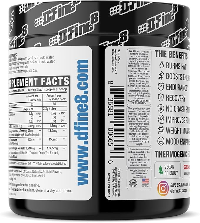 Thermogenic Pre-Workout Energy Powder & Shredding Supplement, Boost Energy Mood & Focus, Sugar Free, Contains Senactiv, Endurance, 300mg Caffeine, N-Acetyl-L-Tyrosine (Bada Bing Blue Cherry)