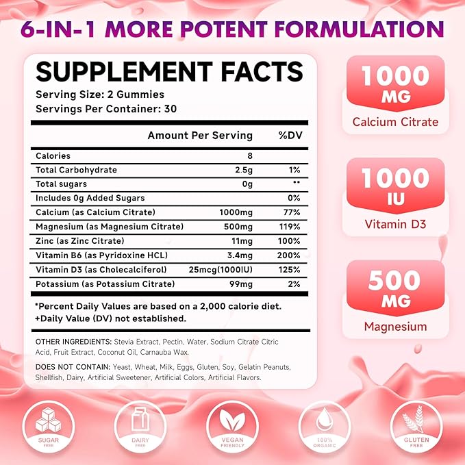 Calcium Citrate Gummies w/Vitamin D3, High Absorption Calcium Supplement for Women & Men, Plus Magnesium, Potassium, Zinc for Muscle & Immune Support, Sugar-Free, Raspberry Flavor, 60 Count