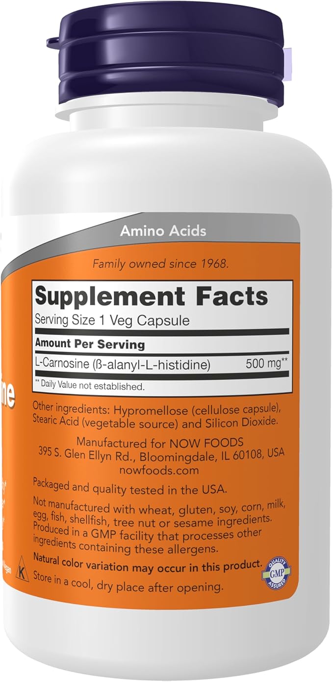 NOW Foods Supplements, L-Carnosine (Beta-Alanyl-L-Histidine) 500 mg, Healthy Aging, 100 Veg Capsules,(Pack of 2)
