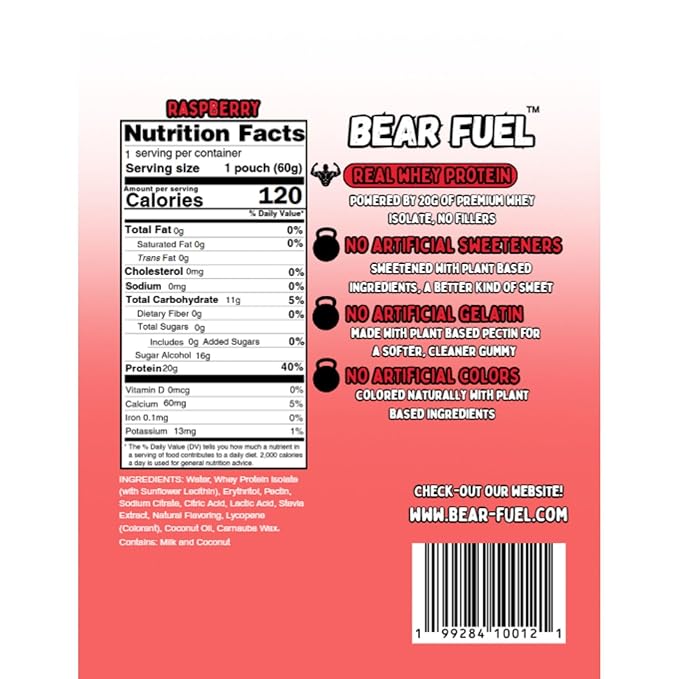 Bear Fuel Protein Gummies – 20g Protein Candy Snack – High Protein, Zero Sugar, Naturally Sweetened Gummy Bears – Fruit Variety (1, Raspberry)
