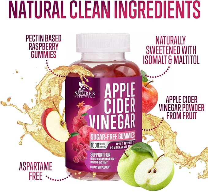 Apple Cider Vinegar Gummies 1000mg per Serving - Sugar Free Max Strength ACV Gummy Vitamins Supplement, Advanced Formula, Vitamin B12 Supports Metabolism & Energy, Keto Friendly, Vegan, 120 Gummies