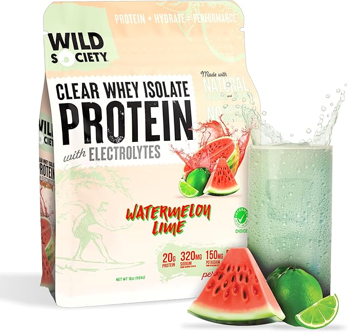WILD SOCIETY - Clear Protein Powder + Electrolytes - 20g Clear Whey Protein Isolate Drink - Zero Sugar - 0g Lactose - Natural Flavors & Colors - Muscle Post Workout Recovery - Watermelon Lime, 16 oz