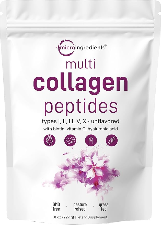 Micro Ingredients Multi Collagen Peptides Powder, 8oz – Hydrolyzed Type I,II,III,V,X with Biotin, Hyaluronic Acid, Vitamin C – Unflavored Collagen for Women & Men, Easy Dissolve, 20 Servings