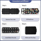 Foldable Weekly Pill Organizer 2 Times a Day with 2 Extra Compartments (Clear Printed Labels) - Portable 7 Day AM PM Medicine Box, Week Daily Travel Pill Case Holder for Vitamin, Supplement - Black