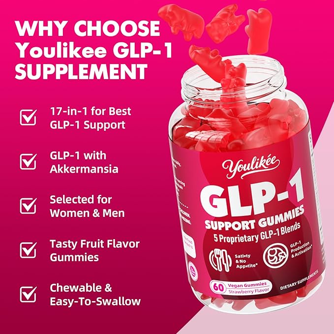 GLP-1 Supplement for Women & Men, GLP-1 Probiotic Gummies - Activates GLP-1 & AMPK, with Akkermansia Probiotic & Natural Berberine for Energy - Strawberry Flavor, Sugar-Free, 60 Count