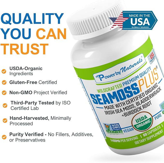 Power By Naturals Sea Moss Plus – USDA Organic Irish Sea Moss Capsules with Bladderwrack & Burdock Root – Immune Support for Adults – Vegan, Non-GMO, Gluten-Free – 60 Capsules (1-Month Supply)