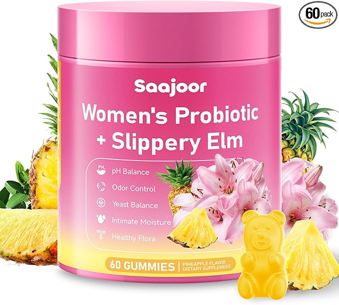 Women Probiotic Slippery Elm Gummies - Supports pH Balance, Digestive & Immune Health, Natural Pineapple Flavor, 60 Count