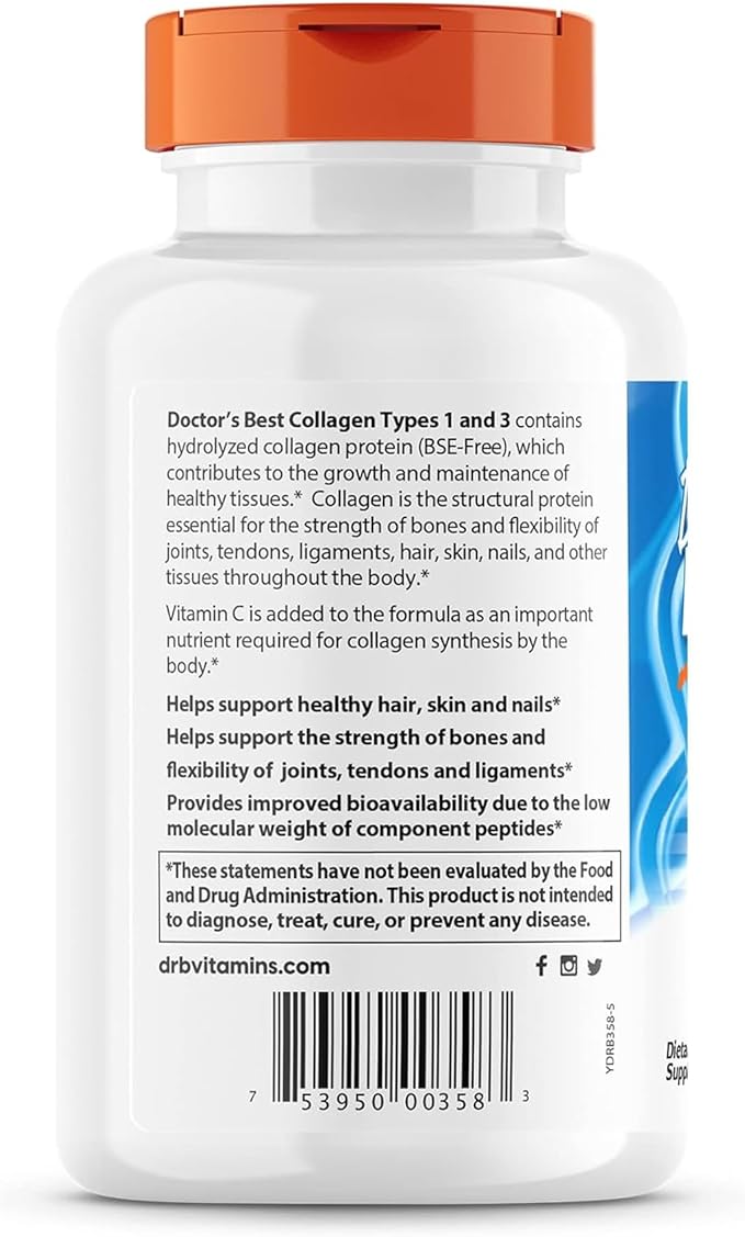 Doctors Best Collagen Types 1 and 3 & Vitamin C, Supports Hair, Skin, Nails, Bones, & Joints, Non-GMO, Gluten Free, Soy Free 540 Tablets