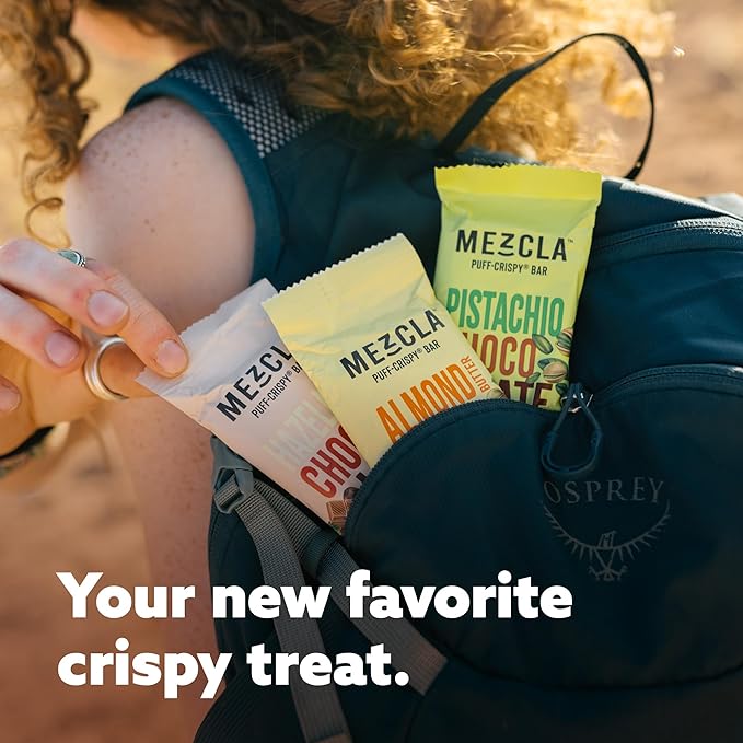 Mezcla Puff-Crispy Plant Based Protein Bars - Almond Butter Chocolate - Healthy Snacks for Adults & Kids - Perfect School, Travel, & Office Snacks - Gluten Free, Vegan, Non GMO, 10g Protein - 12 Count